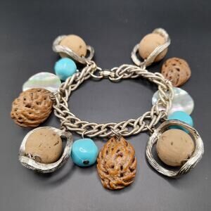 Vintage Chunky 1960s Charm Bracelet, MOP, Lucite Berries Nuts Cork, 7 Inches